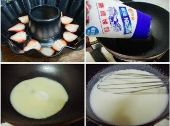 step3: 步驟3A完成步驟2的所有動作ˊ步驟1也降溫完成ˊ 將湯汁慢慢倒於鋪了草莓的模型中ˊ B然後再處理另外一層的湯汁ˊ用原鍋加入煉奶 C和寒天粉充分拌勻 D加入300cc牛奶中小火煮滾ˊ一樣要邊煮邊攪拌