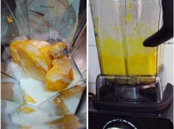 step2: 取<span class="group_2">起士層材料</span>中1/2量100g椰奶和芒果用果汁機或調理機打勻備用ˊ 將吉利丁泡於剩下1/2量100g椰奶中備用