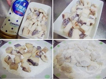step2: 鱈魚肉以<span class="group_2">魚肉醃料</span>醃漬入味後ˊ沾裹上用(麵粉+蕃薯粉1:1調勻)的裹粉ˊ 然後靜至反潮備用