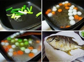 step6: 鍋內放入少許油ˊ爆香薑片和蔥段ˊ然後取出辛香料ˊ只留下爆香後的油ˊ 加入酌量水和白ˊ紅蘿蔔ˊ煮約5~6分鐘ˊ再添入大黃瓜和<span class="group_3">調味B</span>中的 薄鹽醬油1茶匙ˊ味霖1茶匙ˊ續煮至蔬菜球熟透後ˊ用玉米粉水勾點薄芡ˊ 完成淋於金鯧魚上ˊ再灑上少許香油即可