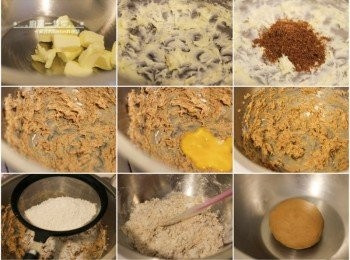 step1: [塔皮(4吋塔模x2)]無鹽奶油室溫軟化，以攪拌器打至乳霜狀，再加入黑糖攪打至混合蓬鬆，倒入蛋黃拌勻。