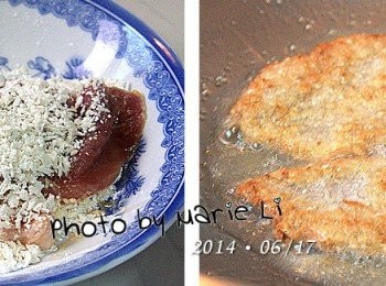 step4: 起鍋，先將水份燒乾
倒入適量的沙拉油把油燒熱後
將吸飽蛋液的肉片裹上一層炸粉
放入熱油鍋中，
以中火油炸至雙面金黃即可