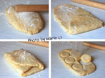 step6: 將冷藏過的麵糰從冰箱取出
在桌上灑點低粉，取出袋中的麵糰放桌面上
也在麵糰上灑點低粉以免沾粘

用擀麵棍把麵糰擀開成長條方型
上下折成三折之後，轉 90度
再將麵糰擀開成長條方型上下折成三折
如此反覆動作三次後
最後一次將麵糰擀成方型

取一個杯子當模具在麵糰上壓出數個圓形
邊緣的麵糰組合起來再以相同方式擀開壓模
最後剩下的份量我是自己把它整成小方形

※ 反覆擀折的動作避免過多，會使麵糰產生筋性影響口感。