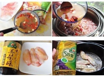 step2: 先將有機五穀米放入電鍋以稀飯模式燉煮，約莫30分鐘後，取用約1小碗熱開水，加入3大匙美味元氣湯-當歸雞口味拌勻，加入電鍋中，另外將雕魚片用少許的美茶釀甘醇醬油抓捏，再放入油鍋中煎一下，讓魚片吸收醬汁香氣與油質釋出撈起放入電鍋中再燉煮至電源跳起