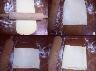 step5: 取出麵團，在工作臺上稍微撒些高筋麵粉(也就是手粉)，用擀麵棍推壓麵團呈長條狀，延展到原先的3~4倍長，並用刷子刷掉表面粉末。