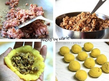 step5: 準備《滷肉餡》材料：

豬絞肉、油、糖、醬油、米酒、油蔥酥、芝麻：酌量

鍋內倒些油、先爆香油蔥酥
倒進豬絞肉拌炒一下
淋下米酒、醬油、糖酌量
炒至湯汁收乾後撒下些許芝麻增加香氣即可
起鍋待涼，備用。

取40g的綠豆沙，包覆約10g的滷肉
做成每個約50g的內餡球共12個。

※ 綠豆沙的作法請見：自製《綠豆沙》