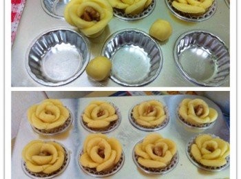 step5: 搓圓7粒小麵糰，取出小部份核桃放在中心，小麵糰按扁，順序排成玫瑰型。