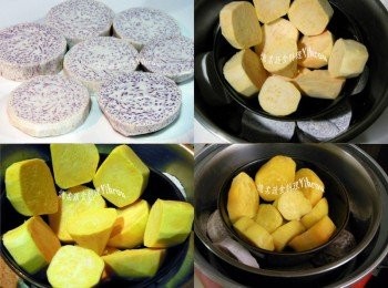 step1: 芋頭和地瓜洗淨削皮切塊，放入電鍋蒸熟放涼。