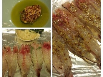step1: 1湯匙mustard加olive oil混合->磨蒜蓉後塗擦於蝦肉同蝦頭>灑上少許海鹽 ->均勻放上mustard混醬
mix olive oil with 1tbs mustard->rub in mashed garlic->sprinkle sea salt->put mustard mixture onto the prawn