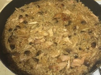 step3: 煮到米飯熟度差不多之後
就可以加入烤雞啦！
把它撕得碎碎的
(P.s：如果是使用生肉，建議先料理熟透後再加入喔~)
接著加入鮮奶油，等調味拌勻之後就可以起鍋囉
 
加完鮮奶油之後會感覺燉飯的顏色淡一些
也有些奶香出來了呢~