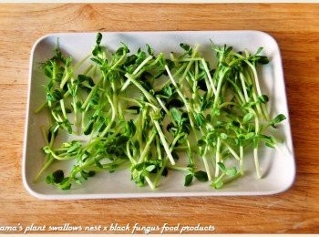 step2: 將洗淨的豌豆嬰對切成半，直接鋪放在盤子上。