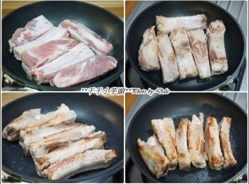 step2: 千千媽咪使用不沾平底鍋煎豬肋排，所以不放油直接下去煎（若使用不是不沾鍋可在鍋裡加入少許的沙拉油）將豬肋排煎至微微金黄