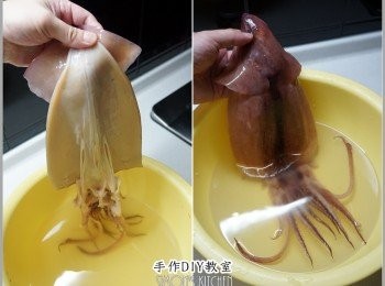 step2: 發好的魷魚就如同上圖，這是魷魚乾的原色，當然脆度也沒像外面那麼誇張，聽說要那麼脆通常都是加了明礬去處理，吃多了有致癌風險喔。

至於顏色我就不多說，大家應該可以想像是怎麼回事?反正今天我們要處理的這尾魷魚全程都在自己的掌控下製作，安心看得見。發好的魷魚記得換清水浸泡一小時，這樣就可以把小蘇打的鹼味去除了。