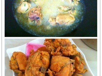 step3: 取出鍋加入適量的食油，油熱將沾上粉類的雞塊下鍋油炸至金黃色或熟透即可。
盛起吸乾油分即可上座。