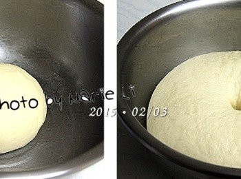 step3: 然後將麵糰揉圓放進鋼盆中
蓋上擰乾的濕布靜置約 1.5~2 小時
等待麵糰發酵至兩倍大
用手沾粉往中間下壓
麵糰不回彈即表示發酵已完成。

不過，等待《麵皮》發酵的時間
讓我們趕緊先來製作
層層疊疊口感中所需要的《油酥麵糰》