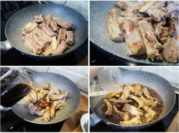 step3: Fascook 礦岩30cm不沾炒鍋加入少許食用油，
將處理好豬肋排和薑片擺入，拌炒至肋排表層金黃
再添入已調勻醬汁和略覆蓋住食材的開水煮沸