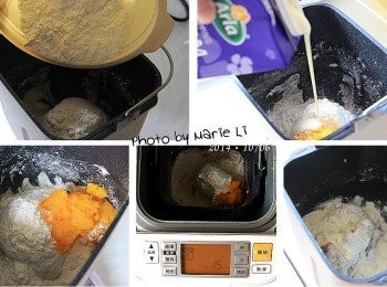 step2: 《製作主麵糰 - 南瓜、可可，請分開操作》

將所需材料全放進麵包機容器中
和裡面已經發酵好的中種麵糰放一起
以 Mode30 《烏龍麵麵糰模式》攪打成主麵糰
機器一共只打 15分鐘 程序就結束了

南瓜、可可，兩種口味的麵糰請分開操作。

※攪拌中可能會有噴溢情況，請記得加蓋預防。