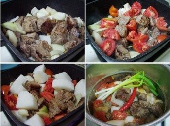 step3: 然後依序將洋蔥ˊ蕃茄ˊ白蘿蔔下鍋拌炒均勻ˊ 懶得顧爐所以將所有完成食材移至快鍋中ˊ擺入辣椒和蔥