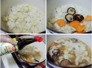 step3: 用原鍋餘油ˊ將洋蔥炒出甜味ˊ依序再加入香菇和紅蘿蔔炒出香氣ˊ 然後將牛肉回鍋ˊ加入所有<span class="group_3">調味</span>煮滾ˊ 再改以中小火燉煮30分鐘
