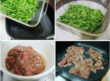 step2: 準備湯鍋放入酌量的水煮滾ˊ(加入少許鹽ˊ滴少許油ˊ食譜份量外) 將豆苗穿汆燙後瀝除水份備用ˊ 接著鍋子燒熱ˊ將拌勻的牛肉加入油2大匙ˊ直接入鍋拌炒ˊ (牛肉於下鍋前用油先拌開ˊ可以讓牛肉拌炒更均勻也能防止結團喔)