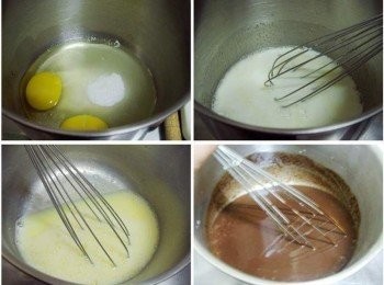 step3: 雞蛋2個和細砂糖拌勻ˊ接著加入鮮奶ˊ 步驟2的溶化奶油和巧克力依序拌勻