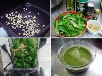 step1: 取一鍋子以中小火用乾煎炒方式ˊ乾煎至松子散發香氣熄火(備用) 接著將<span class="group_2">青醬</span>全部<span class="group_1">材料</span>放於調理機中ˊ全部攪碎即成<span class="group_2">青醬</span> (蒜瓣這次沒一起攪打ˊ平時要和<span class="group_2">青醬</span>一起攪碎是OK的)