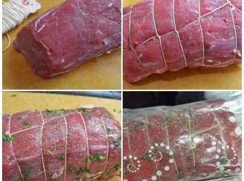 step2: 先將牛柳用粗綿繩捆綁好，然後在表面均勻地抹上醃料，放入保鮮袋中，放入雪櫃冷藏醃製1天。