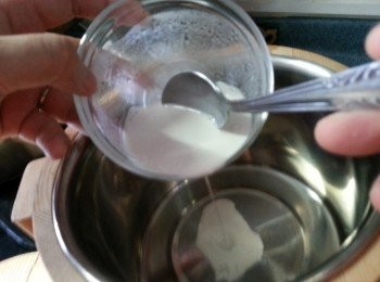 step3: 取出約3湯匙豆漿加入石膏粉及粟粉於焗盤內拌勻