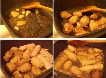 step3: 4.接著熱鍋ˊ用少許油溶化冰糖ˊ然後依序炒香薑片和蒜頭 5.接著加入豬肉炒至上色ˊ然後再放入豬皮翻炒一下ˊ 並加入米酒醬油煮滾入味