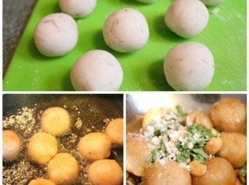 step3: 取適當大小搓成球狀, 下鍋炸至表面金黃即可起鍋. 趁熱灑上糖粉, 加腰果與香菜末攪拌均勻即完成