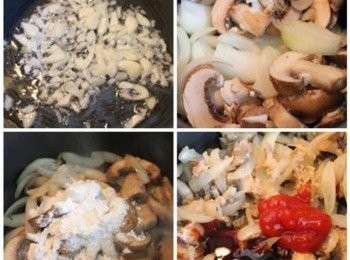 step1: 一小匙油爆香蒜末, 並加入蘑菇與洋蔥拌炒. 洋蔥蘑菇炒軟後, 加入中筋麵粉炒勻