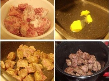 step2: 2.牛肉先用黑胡椒抓勻入味ˊ然後輕裹上少許麵粉備用 3.鍋內放入2大匙奶油讓其溶化 4.擺入牛肉塊拌炒至表面焦香 5.然後先盛起備用