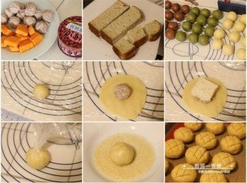 step6: 土司或麵包切成約2cmx3cm的一口大小，芋泥分成12份(1份約10g)。