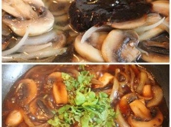 step1: 製作淋醬: 先將洋蔥絲與蘑菇炒熟, 加入水與黑胡椒醬煮滾, 起鍋前灑上香菜末