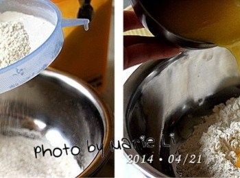 step2: 低筋麵粉過篩，分次倒進攪拌好的蛋黃糖液 用刮刀輕輕拌勻成鬆散狀