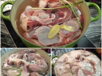 step2: 將原塊牛腩、牛筋肉、牛骨加入水中與薑、蔥一起汆燙出血水。
