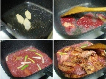 step3: 步驟3用原鍋ˊ留下少許油ˊ先爆香薑片ˊ 然後加入紅醩1大匙炒香炒油亮ˊ 接著擺入蔥白ˊ一樣炒香ˊ 並加入冰糖1茶匙ˊ米酒1茶匙ˊ水和玉米粉水酌量ˊ一起煮滾ˊ 然後將煎炸完成的魚片加入