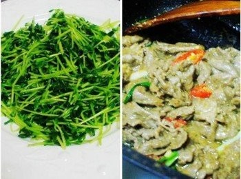 step5: 將步驟2處理好的豆苗鋪於盤底ˊ再將完成的蠔油牛肉盛上即可