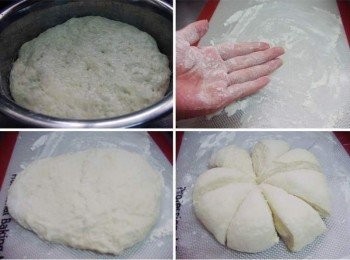 step5: 工作板灑上酌量高筋麵粉(配方份量外)ˊ用刮板刮下完成發酵的麵團ˊ 輕拍壓出多餘空氣後ˊ滾圓後分成8等份