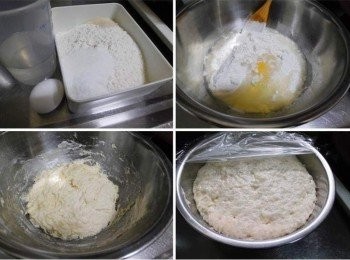 step1: 先準備好<span class="group_1">麵團材料</span>ˊ無鹽奶油30g可先用微波加熱溶化ˊ(也可用橄欖油取代) 粉類材料略為拌勻後ˊ 依續加入水ˊ雞蛋和無鹽奶油ˊ ˊ再揉拌均勻ˊ (麵團成型也無粉粒即可) 然後蓋上蓋子或保鮮模ˊ 於室溫讓其慢慢發酵ˊ 麵團發酵膨脹至原來1倍大後就可直接使用ˊ 如果不急著使用ˊ 以現在氣候和溫度來說可於室溫12小時內都無需冷藏ˊ (發酵時間越長風味反而更棒ˊ正常完成發酵的麵團ˊ可以聞到自然酒香味) 也可放冷藏3~5天內用完ˊ隨時想做取出回覆室溫ˊ再完成後續動作