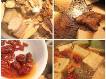 step2: 湯鍋中, 倒入水, 川燙過的排骨, 乾香菇, 與中藥材, 煮滾後關中小火燉40分鐘 ** 中藥包可到中藥行買已調配好的藥包, 或是自行搭配喜歡的藥材