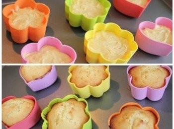 step4: 取烤模, 將麵糊裝8分滿. 烤箱預設350度F/ 175度C 烤20-25分鐘 ** 烘烤的時間請隨烤模大小調整