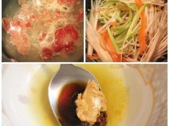 step2: 煮一小鍋水, 將肉片與蔬菜類川燙後撈起盛盤. 再淋上麻辣醬汁拌勻即完成