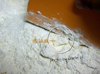 step3: 用刮刀仔細地將奶油和著麵粉和糖、鹽切鬆拌勻開來
這個步驟必須要多點耐心
慢慢地將冰凍的奶油塊切成無數個小細屑
和在所有<span class="group_1">食材</span>中拌成鬆散的樣子

※ 動作要仔細且快速，避免奶油完全融化於麵粉當中。