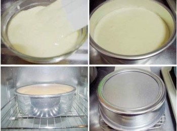 step4: 然後取一小部分完成的麵糊和步驟2拌勻ˊ 拌勻後再回倒於完成的麵糊中再次拌勻即可ˊ 然後將完成的麵糊倒於烤模中ˊ約7分滿ˊ 送入已預熱的烤箱180度烤35分鐘ˊ完成取出倒扣放涼