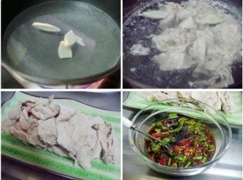 step3: 準備一湯鍋ˊ加入薑片和米酒煮滾ˊ 水滾分次將肉片汆燙熟ˊ撈起瀝除水份ˊ 然後擺放於盤上ˊ淋上事先調勻醬汁即可