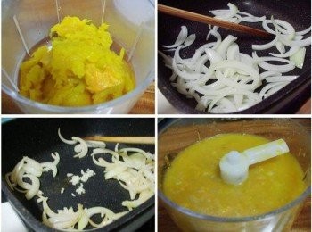 step2: 蒸熟南瓜挖取出南瓜肉ˊ接著準備一鍋子放入1大匙油ˊ 將洋蔥和蒜頭略為拌炒出甜味及香氣ˊ 然後將上述3樣<span class="group_1">鍋底材料</span>加點水用調理機攪碎成泥狀。