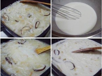 step3: 然後加入750g的水一起煮滾ˊ等水滾的時間ˊ 將<span class="group_1">粉漿材料</span>充分拌勻ˊ<span class="group_2">餡料</span>煮滾後轉小火ˊ 將拌勻的<span class="group_1">粉漿材料</span>倒入