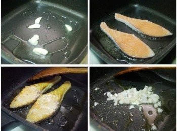step4: 鍋內放入橄欖油1大匙ˊ中小火煸香蒜片ˊ 然後只留下蒜油將蒜片取出ˊ接著擺入鮭魚片ˊ 將兩面煎至金黃熟透盛盤備用ˊ 用原鍋餘油炒香蒜末和洋蔥丁