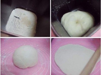 step3: 先準備好<span class="group_1">麵團材料</span>ˊ即溶酵母和鹽不要直接接觸ˊ 然後直接用麵包機揉麵團功能完成麵團製作及基本發酵ˊ (約1個小時的時間) 完成的麵團用食指沾少許高粉插進麵團中ˊ不回彈ˊ表示基本發酵完成ˊ 然後取出麵團ˊ滾圓ˊ醒一下約5~10分鐘ˊ 接著操作台上灑上少許高粉ˊ輕拍壓出多餘空氣 ˊ接著將麵團桿平約0.5cm